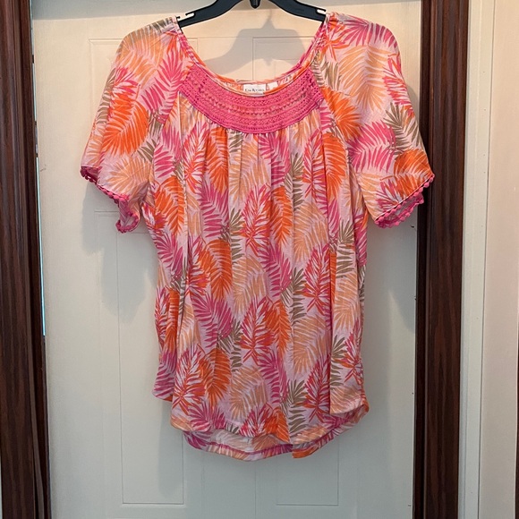 Kim Rogers Tops - Kim Rogers Pink and Orange Leaf Print Blouse